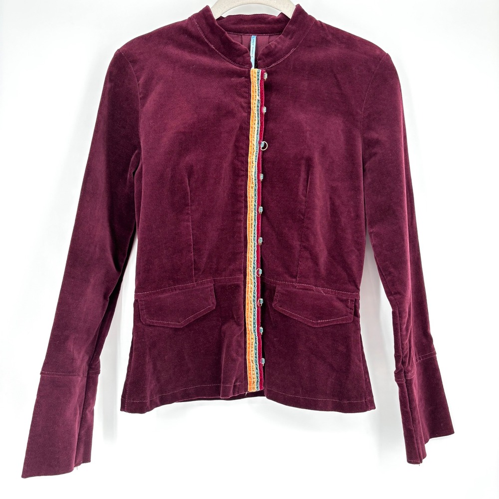 Retro Velvet Jacket Sz S Burgundy Stripe Full Zip Bell Sleeve Boho Y2K‎ Slim Fit
